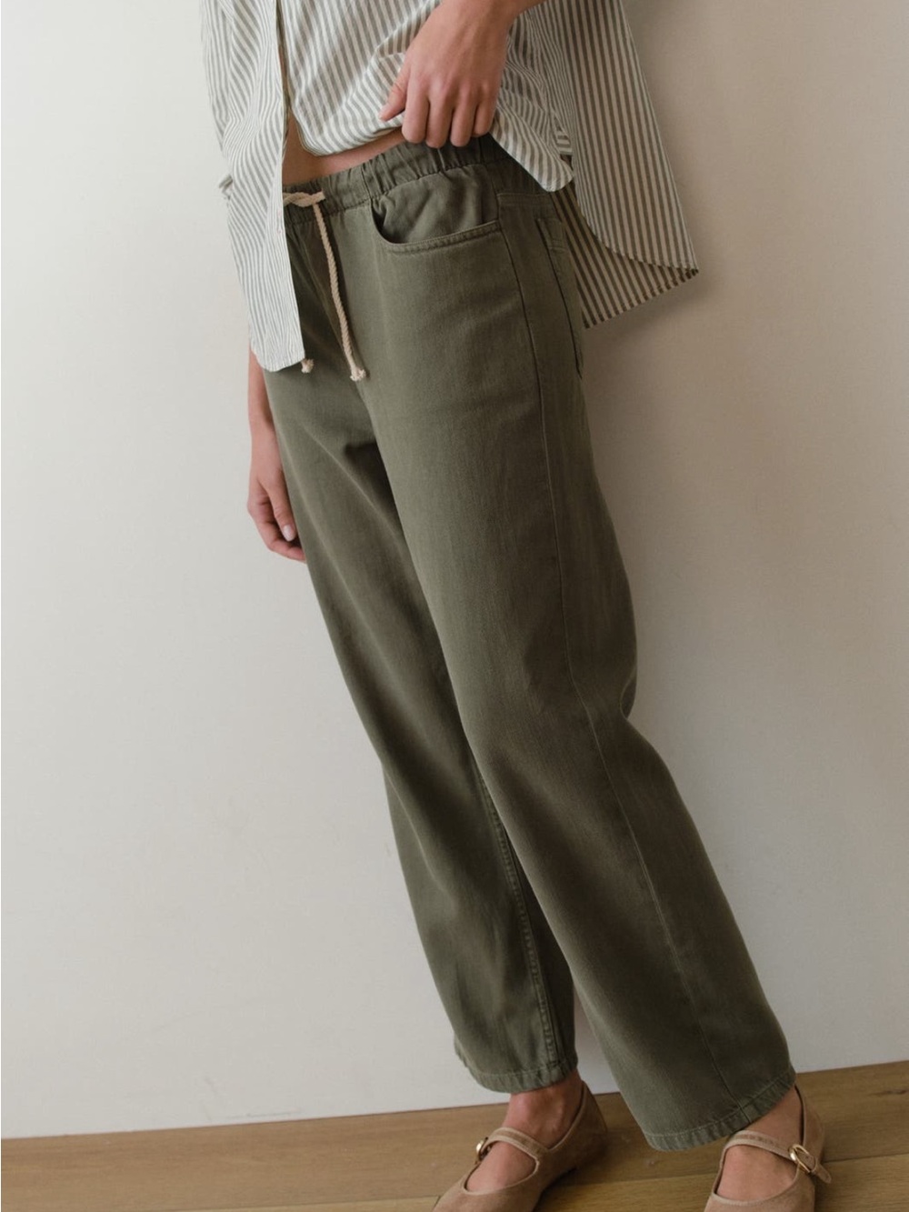 Marine Layer Ella Olive Green Wide-Leg Drawstring Pants